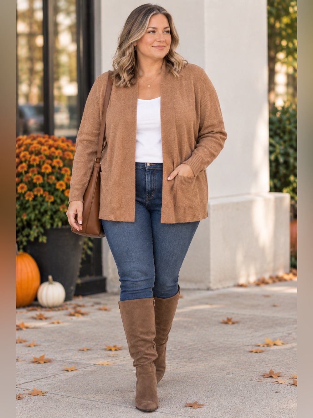 Lands' End Camel Brown 100% Cotton Open Front Cardigan Sweater with Pockets XL